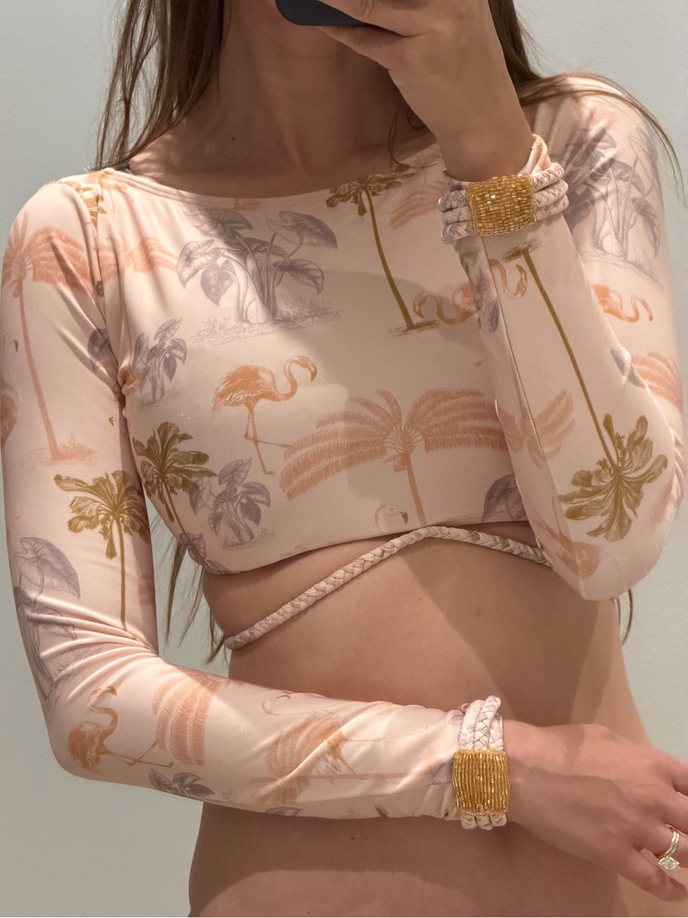 Antigua Long Sleeve Crop Bikini in Blush Palm Print